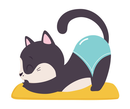 Cute cat doing stretching yoga exercise. Adorable animal practicing yoga cartoon vector illustrationのイラスト素材