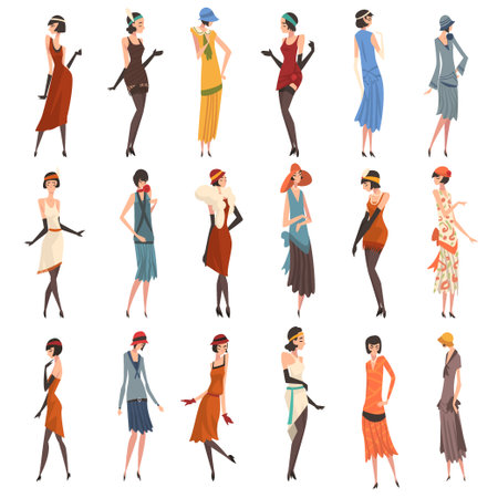 Young Female Wearing Garment from Twenties Big Vector Setのイラスト素材