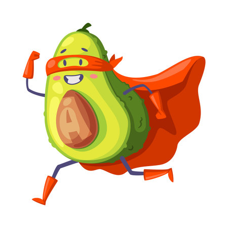 Green Avocado Superhero Character Running Wearing Red Cloak or Cape and Mask as Justice Fighter Vector Illustrationのイラスト素材