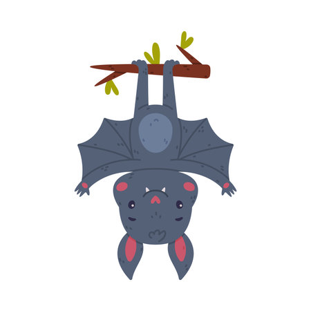Funny bat hanging upside down on tree branch. Halloween symbol cartoon vector illustrationのイラスト素材