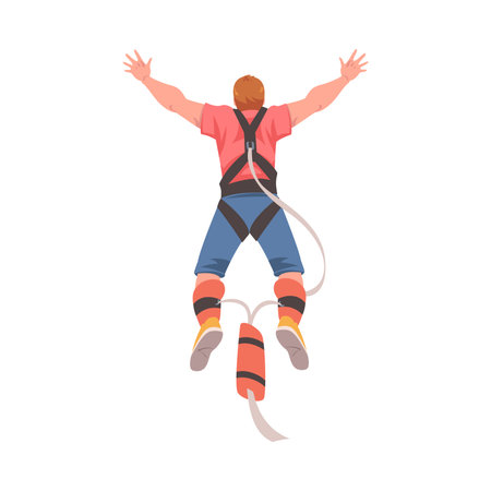 Bungee Jumping with Man Character Free Falling Down from Great Height Connected to Elastic Cord Vector Illustrationのイラスト素材