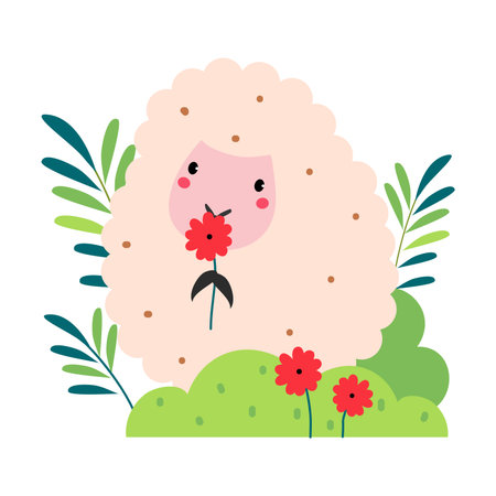 Cute sheep grazing in pasture. Adorable farm animal on nature cartoon vector illustrationのイラスト素材