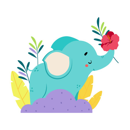 Cute elephant with flower. Adorable African baby animal on nature cartoon vector illustrationのイラスト素材
