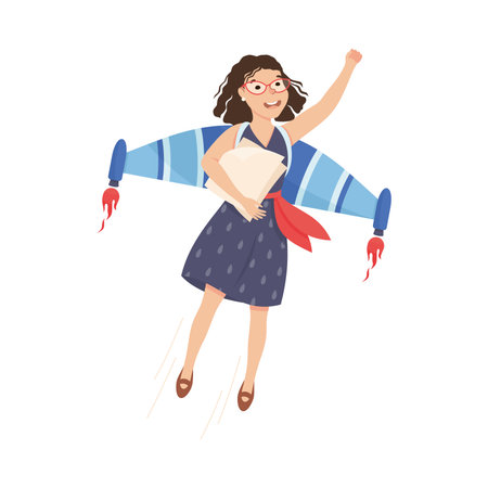Businesswoman flying with wings. Business success, creative idea, innovation, start up concept cartoon vector illustrationのイラスト素材
