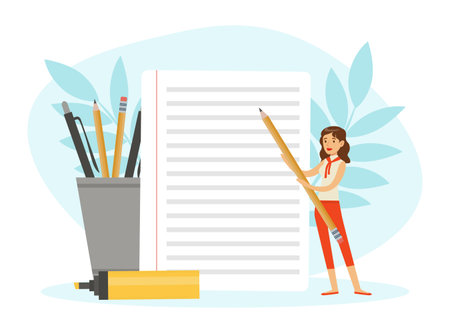 Business Woman Character Working with Huge Pencil and Document Vector Illustrationのイラスト素材