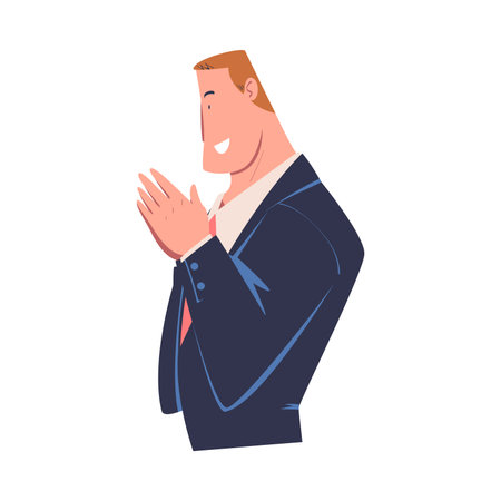 Smiling businessman holding palms together. Strong muscular boss character in blue suit cartoon vector illustrationのイラスト素材