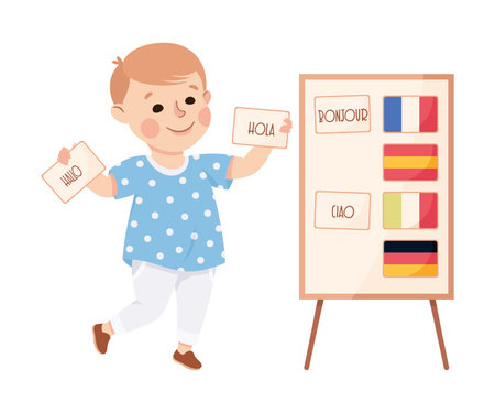 Cute preschool boy doing presentation at lesson. Kid speaking different languages lesson cartoon vector illustrationのイラスト素材