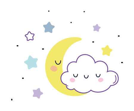 Cute Fluffy Cloud with Smiling Face and Yellow Crescent in Starry Night Sky Vector Illustrationのイラスト素材