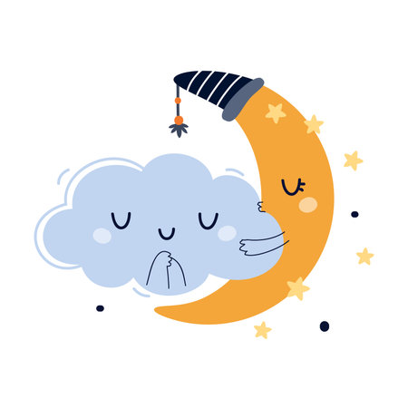 Cute Blue Fluffy Cloud and Yellow Crescent with Smiling Face Sleeping in Starry Night Sky Vector Illustrationのイラスト素材