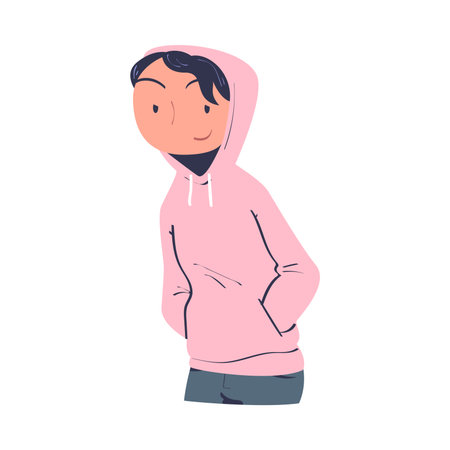 Confident Man Character in Hoody with Satisfied Face Expressing Self Pride Vector Illustrationのイラスト素材