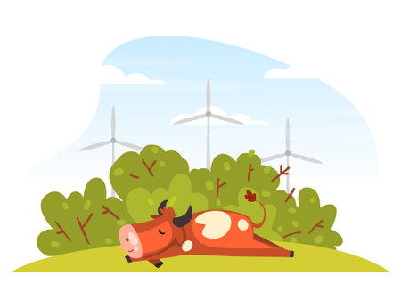 Brown Spotted Cow with Horns Lying on Pasture or Green Grass Vector Illustrationのイラスト素材