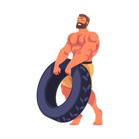 Crossfit Workout with Muscled Man Tyre Flipping Doing Physical Exercise Vector Illustrationのイラスト素材