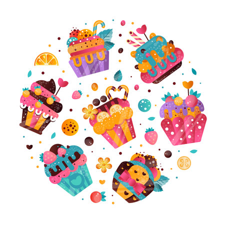 Tasty cupcakes in round shape. Confectionery, bakery shop, cafe banner, poster, card vector illustrationのイラスト素材