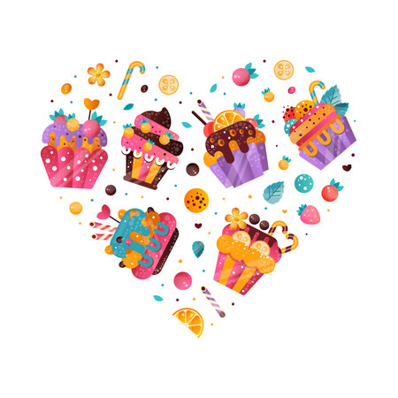 Tasty cupcakes in heart shape. Banner, poster, card for confectionery, bakery shop, cafe advertising vector illustrationのイラスト素材