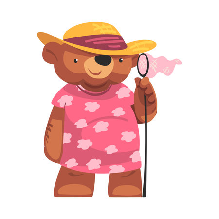 Cute bear character wearing pink dress and straw hat holding catching net cartoon vector illustrationのイラスト素材