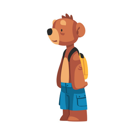Cool bear wild animal character wearing blue shorts standing with backpack. T-shirt, print, poster, sticker design cartoon vector illustrationのイラスト素材
