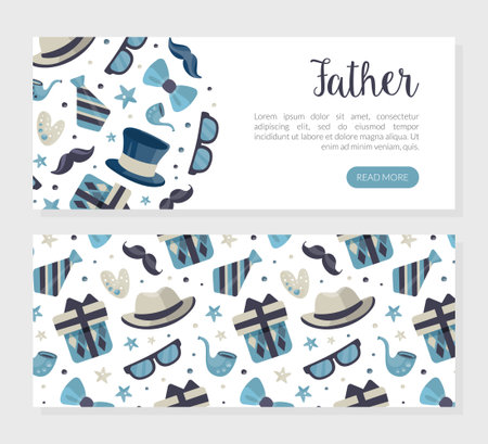 Father horizontal landing page template. Happy Father Day web banner with hat, moustache, necktie, glasses seamless pattern cartoon vectorのイラスト素材