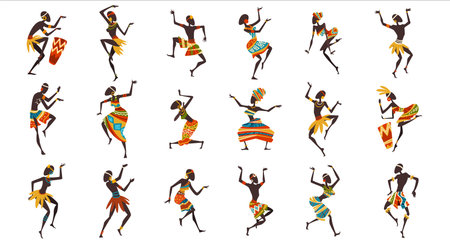 Set of dancing African people. Men and women in traditional African clothes enjoying dance cartoon vector Illustrationのイラスト素材