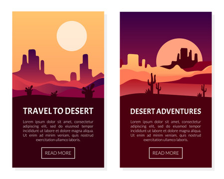 Wild Desert Trip and Travel Web Banner Design with Sand and Cactus Silhouette Vector Templateのイラスト素材