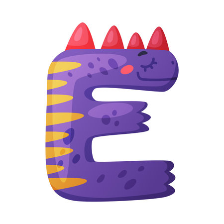 E vowel letter dino font. Dinosaur alphabet, cute dino effect purple letter sign, abc for kids, nursery, birthday party design cartoon vector illustrationのイラスト素材