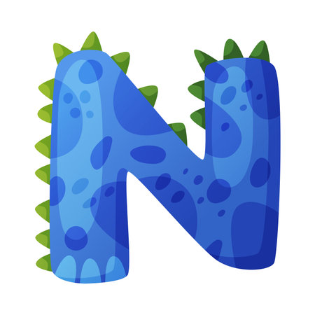N consonant letter dino font. Dinosaur alphabet, cute dino effect blue letter sign, abc for kids, nursery, birthday party design cartoon vector illustrationのイラスト素材