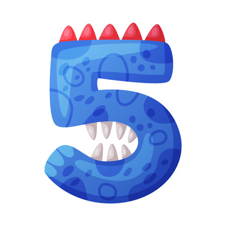 5 dino font number. Five dino effect numeral, kids, nursery, birthday party design cartoon vector illustrationのイラスト素材