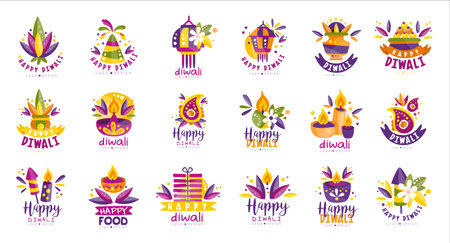 Happy Diwali logo design set. Indian festival hand drawn labels vector illustrationのイラスト素材
