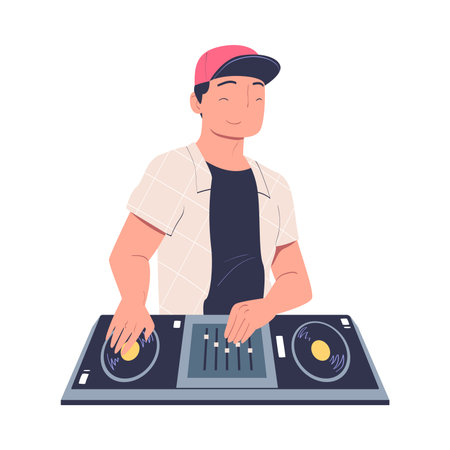 Man DJ playing music at console mixer cartoon vector illustrationのイラスト素材