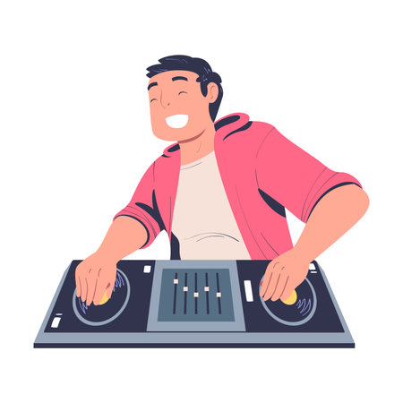 Male DJ playing music at console mixer. Smiling Man musician in headphones mixing audio sounds on deck cartoon vector illustrationのイラスト素材