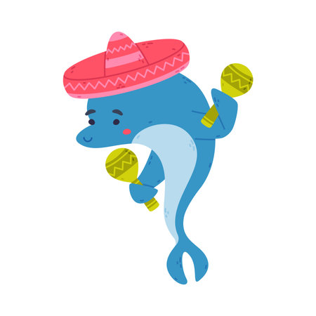 Cute dolphin dressed sombrero hat playing maracas. Funny dolphinfish performing in dolphinarium cartoon vector illustrationのイラスト素材
