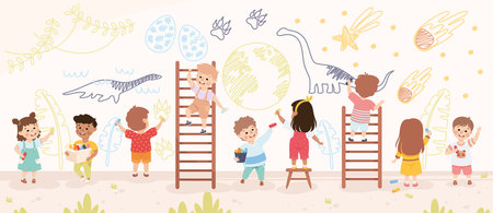 Cute Children Drawing on the Wall with Chalks and Crayon Vector Illustrationのイラスト素材