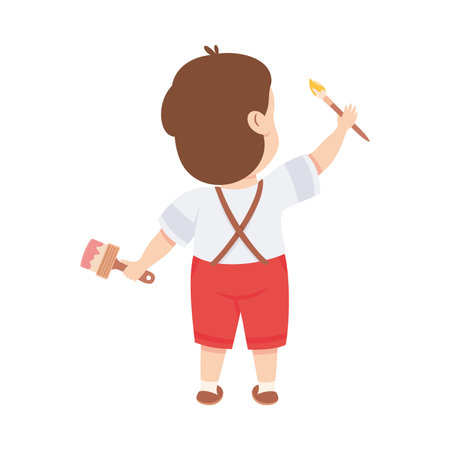 Cute Little Boy Standing with Paint Brush Drawing on Wall Back View Vector Illustrationのイラスト素材