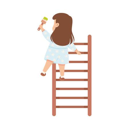 Cute Little Girl Standing on Ladder with Paint Brush Back View Vector Illustrationのイラスト素材