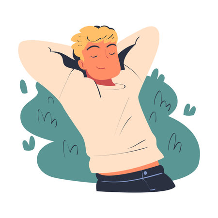 Man Character Dreaming Imagining and Fantasizing Something Lying on Grass Vector Illustrationのイラスト素材