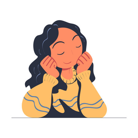 Woman Character Dreaming Imagining and Fantasizing Something Vector Illustrationのイラスト素材