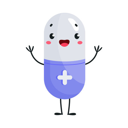 Cute Capsule as Drug and Medicine with Smiling Face and Arms Vector Illustrationのイラスト素材