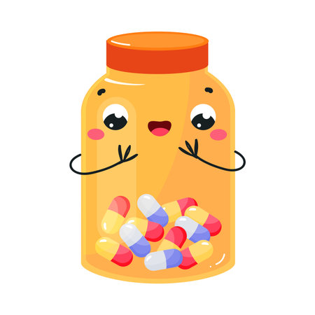 Cute Orange Bottle with Drug and Medicine Having Smiling Face and Arms Vector Illustrationのイラスト素材