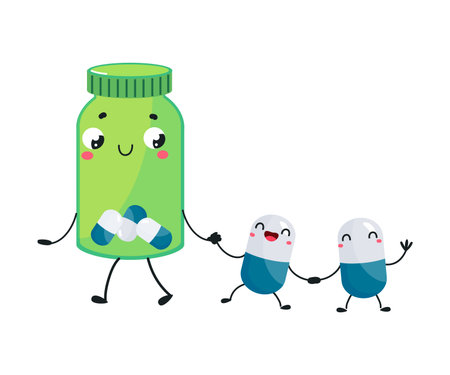 Cute Green Bottle with Drug and Medicine Holding Hands with Smiling Capsule Vector Illustrationのイラスト素材
