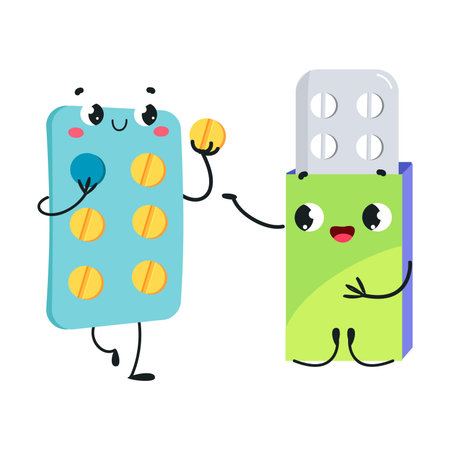 Cute Drug and Medicine in Blister Pack with Smiling Face and Arms Vector Illustrationのイラスト素材