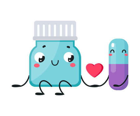 Cute Drug and Medicine Vial with Capsule Holding Hands and Smiling Vector Illustrationのイラスト素材