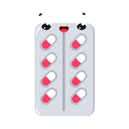 Cute Drug and Medicine in Blister Pack with Smiling Face Vector Illustrationのイラスト素材