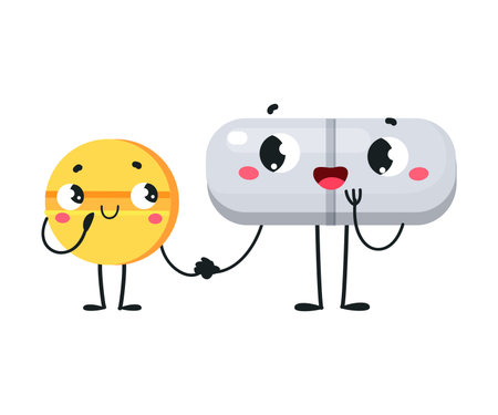 Cute Drug and Medicine with Smiling Face Holding Hands Vector Illustrationのイラスト素材