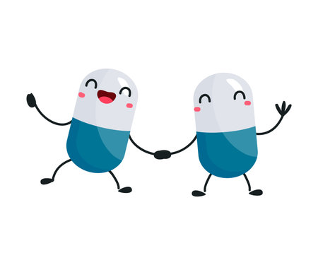Cute Capsule as Drug and Medicine with Smiling Face Holding Hands Vector Illustrationのイラスト素材