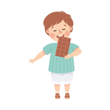 Little Boy Eating Sweet Bar of Chocolate with Happy Face Enjoying Sugary Treat Vector Illustrationのイラスト素材