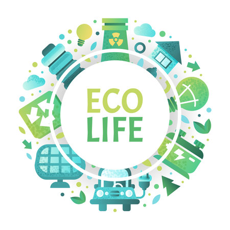 Eco life banner. Ecology and renewable energy poster, card. Environmentally friendly waste, treatment of industrial effluents and emissions, alternative energy technologies signs vectorのイラスト素材