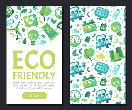 Eco friendly technologies mobile app templates. Environmentally friendly world, clean renewable energy and power industry landing page vectorのイラスト素材