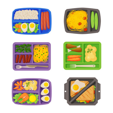 Meal Tray with Fresh Appetizing Food Rested in Different Section Above View Vector Setのイラスト素材