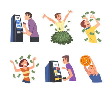 Rich and Wealthy Man and Woman Character with Dollar Banknotes Vector Setのイラスト素材