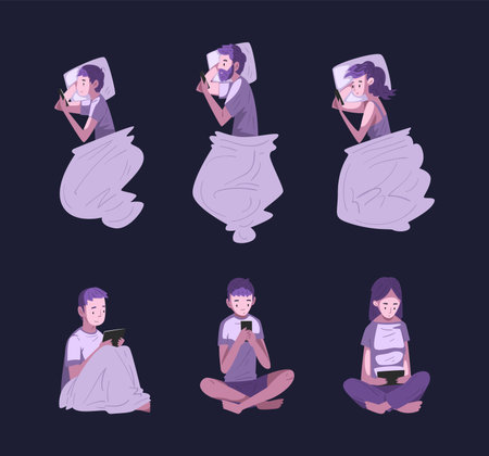 Man and Woman Character Using Digital Gadget at Night Sitting in the Dark Vector Setのイラスト素材