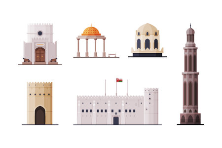 Oman Muscat City Historical Building and Landmarks with Authentic Heritage Vector Setのイラスト素材